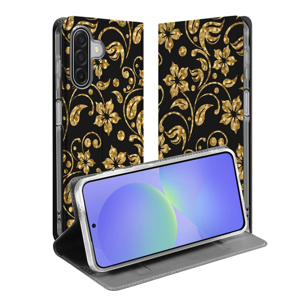 Samsung Galaxy A17 Bookcase Gouden Bloemen hoesje gouden bloemen diep zwart design standaard