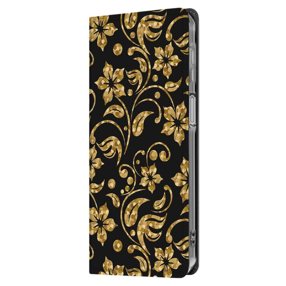 Samsung Galaxy A17 Bookcase Gouden Bloemen hoesje gouden bloemenprint zwart