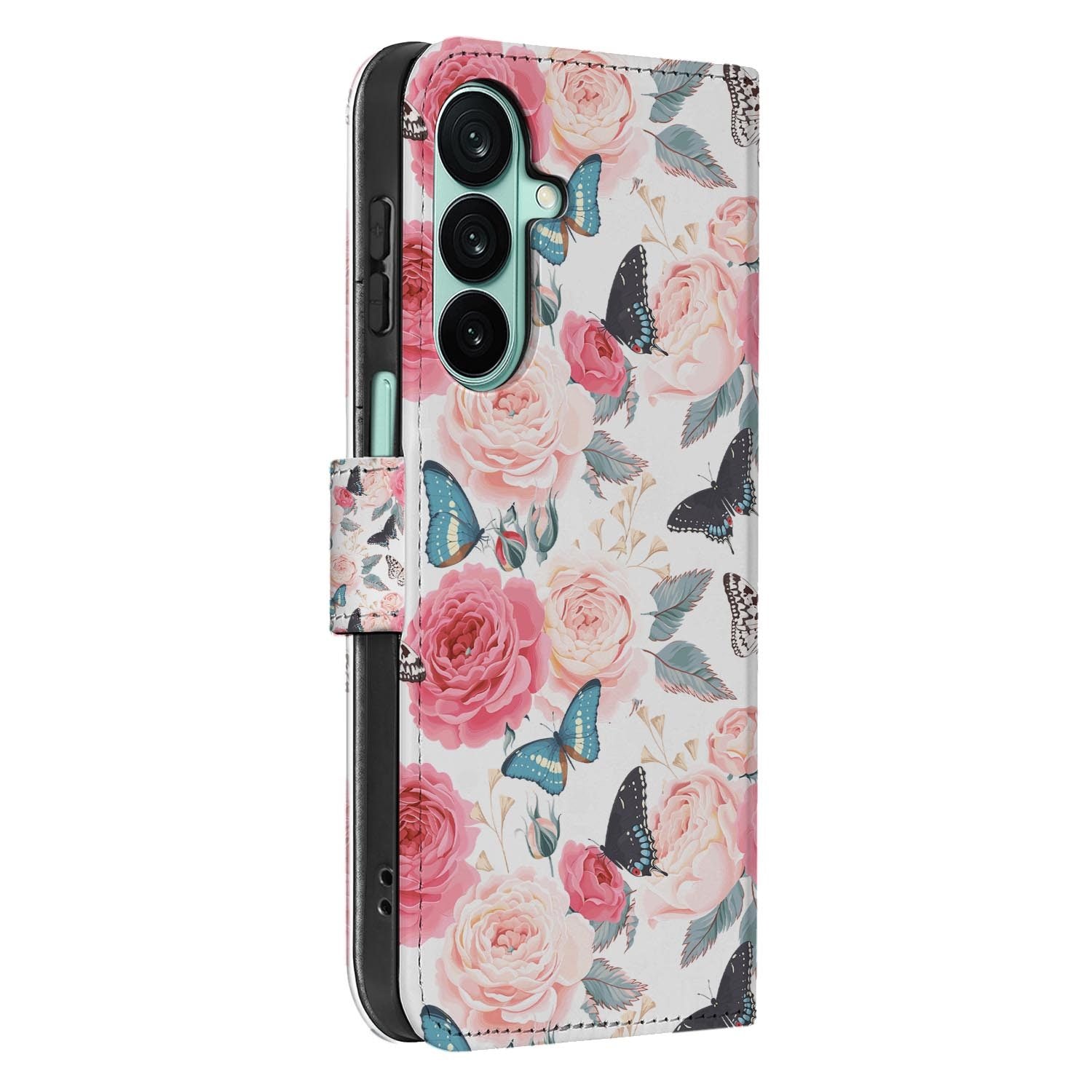 Samsung Galaxy A27 bookcase Butterfly Roses, detail van het stiksel