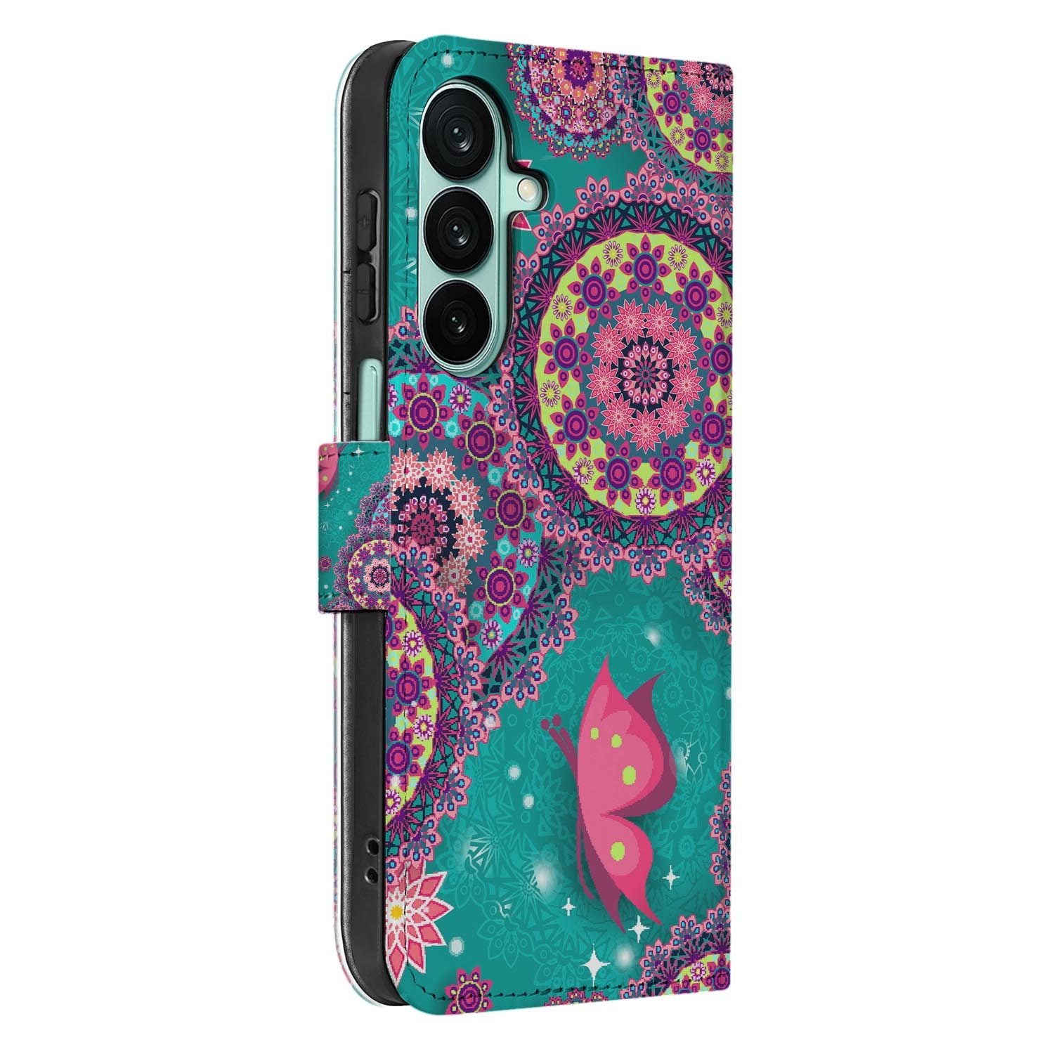 Samsung Galaxy A27 bookcase Cirkels en Vlinders, detail van het stiksel