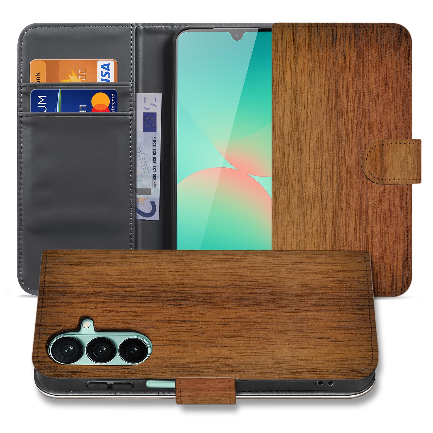 Samsung Galaxy A27 bookcase Donker Hout, voorkant met gesloten klep