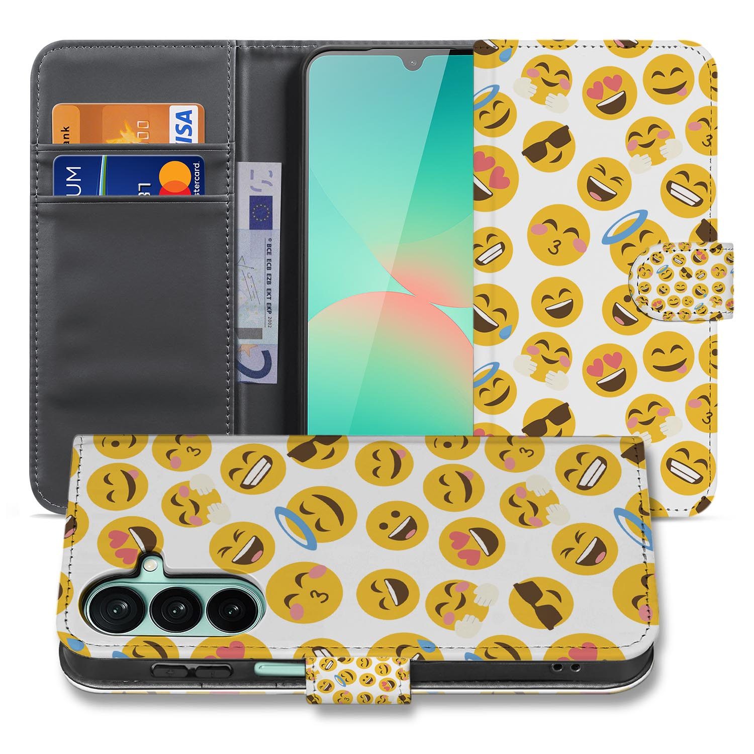 Samsung Galaxy A27 bookcase Emoji, voorkant met gesloten klep