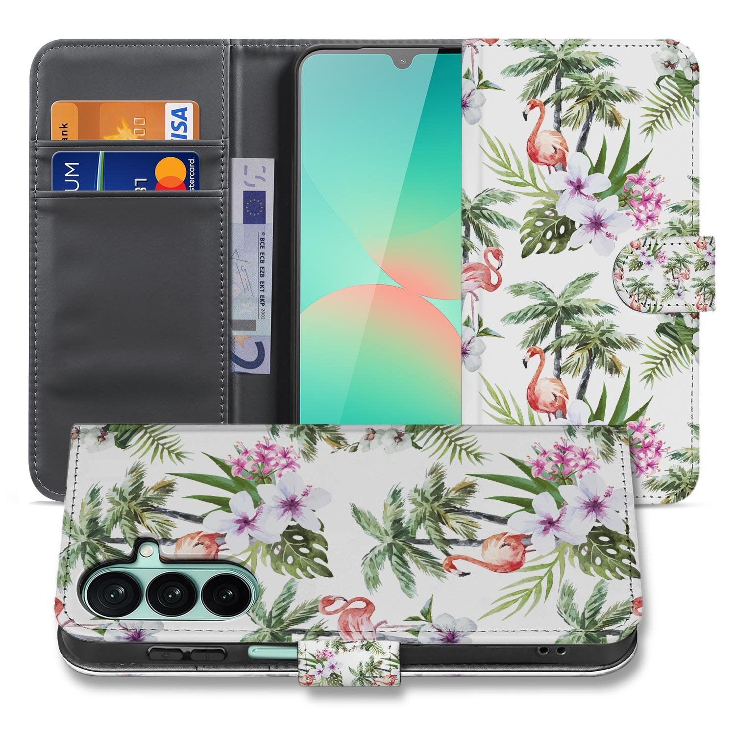 Samsung Galaxy A27 bookcase Flamingo Palms, voorkant met gesloten klep