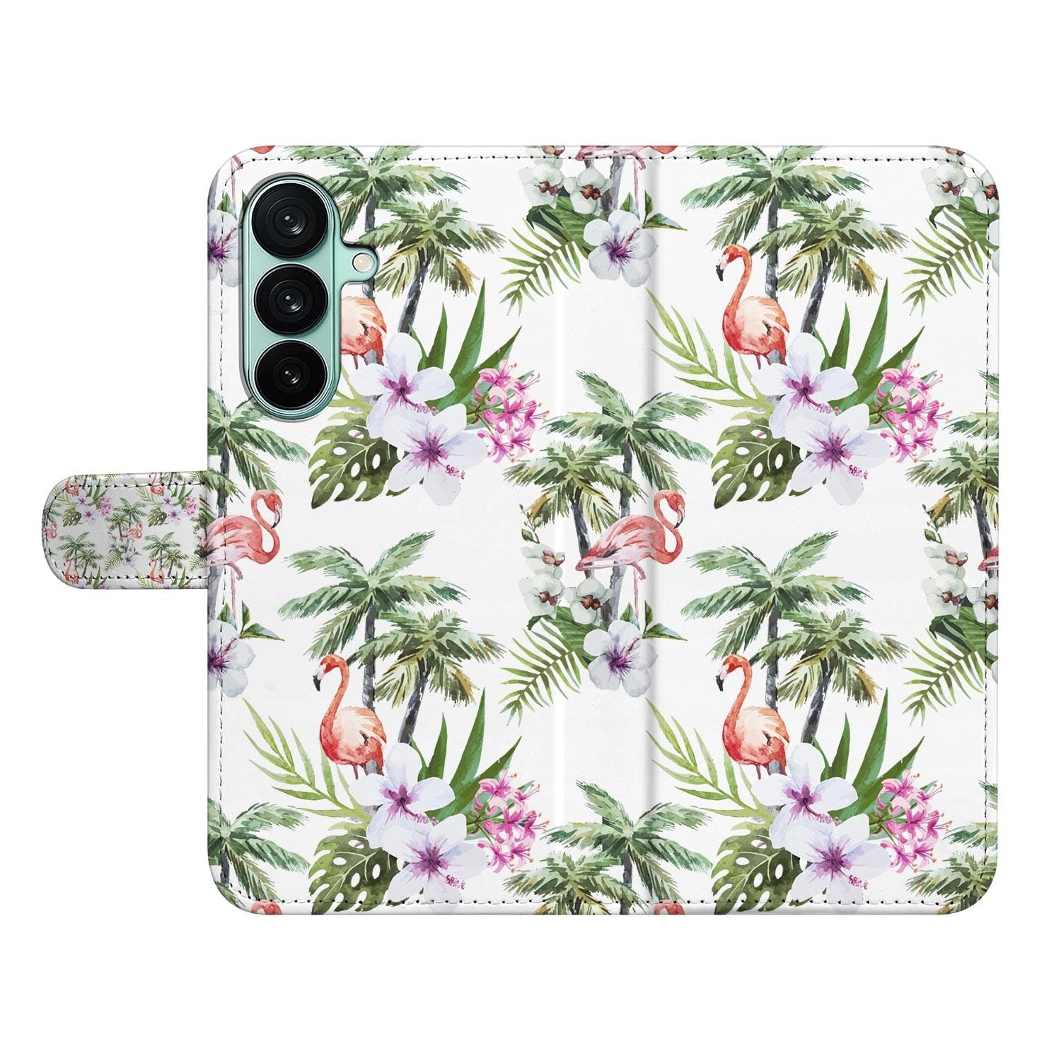 Samsung Galaxy A27 bookcase Flamingo Palms, open met pasjesvakken