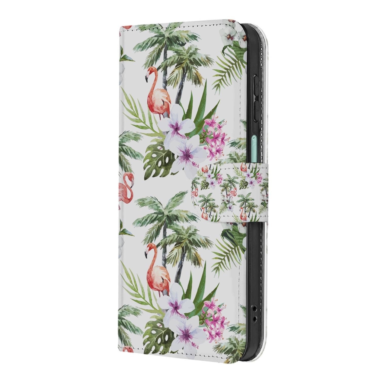 Samsung Galaxy A27 bookcase Flamingo Palms, achterkant met camera-uitsparing