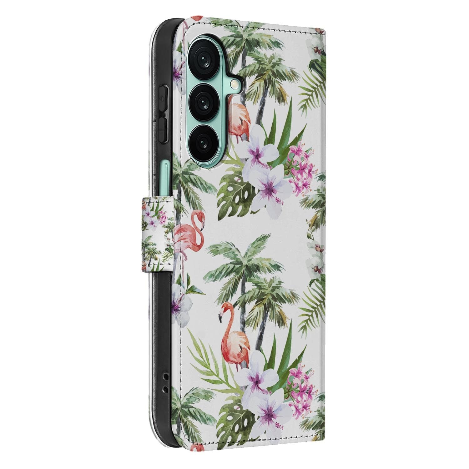 Samsung Galaxy A27 bookcase Flamingo Palms, detail van het stiksel