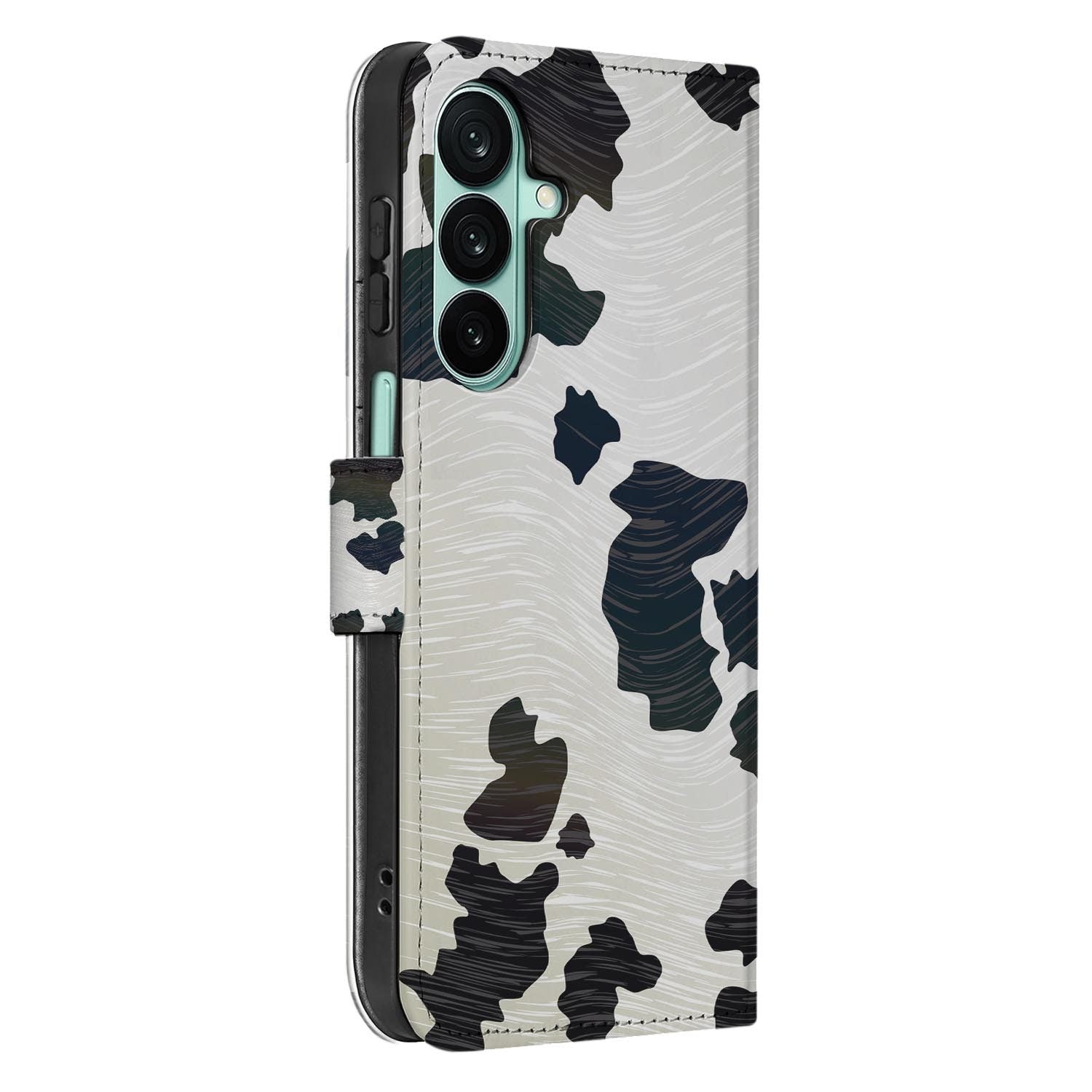 Samsung Galaxy A27 bookcase Koeienvlekken, binnenkant met telefoon
