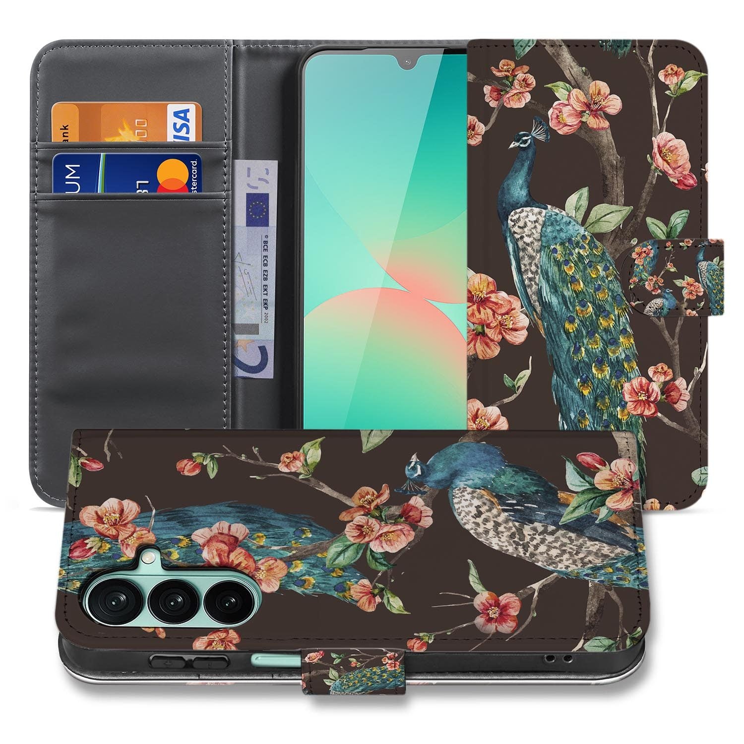Samsung Galaxy A27 bookcase Pauw met Bloemen, voorkant met gesloten klep