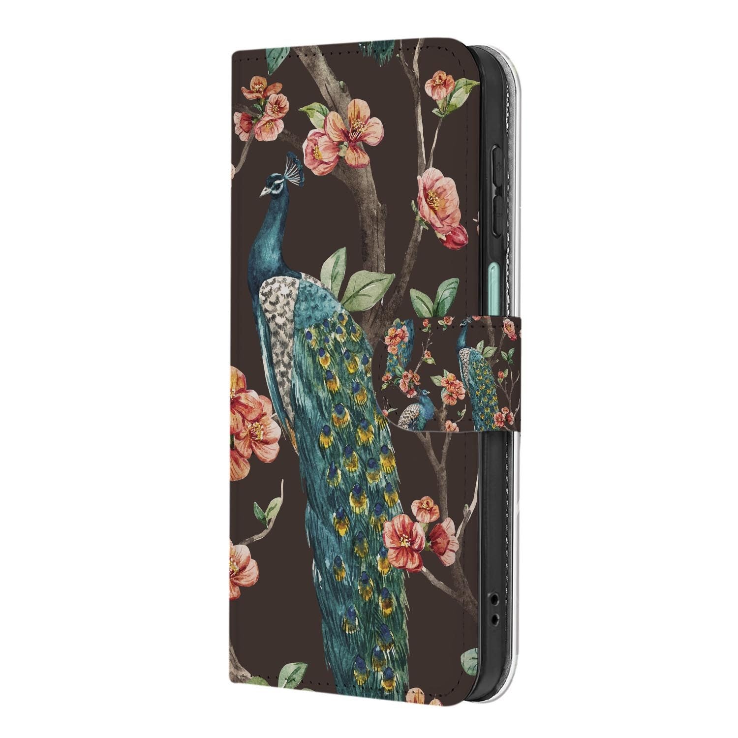 Samsung Galaxy A27 bookcase Pauw met Bloemen, detail van het stiksel
