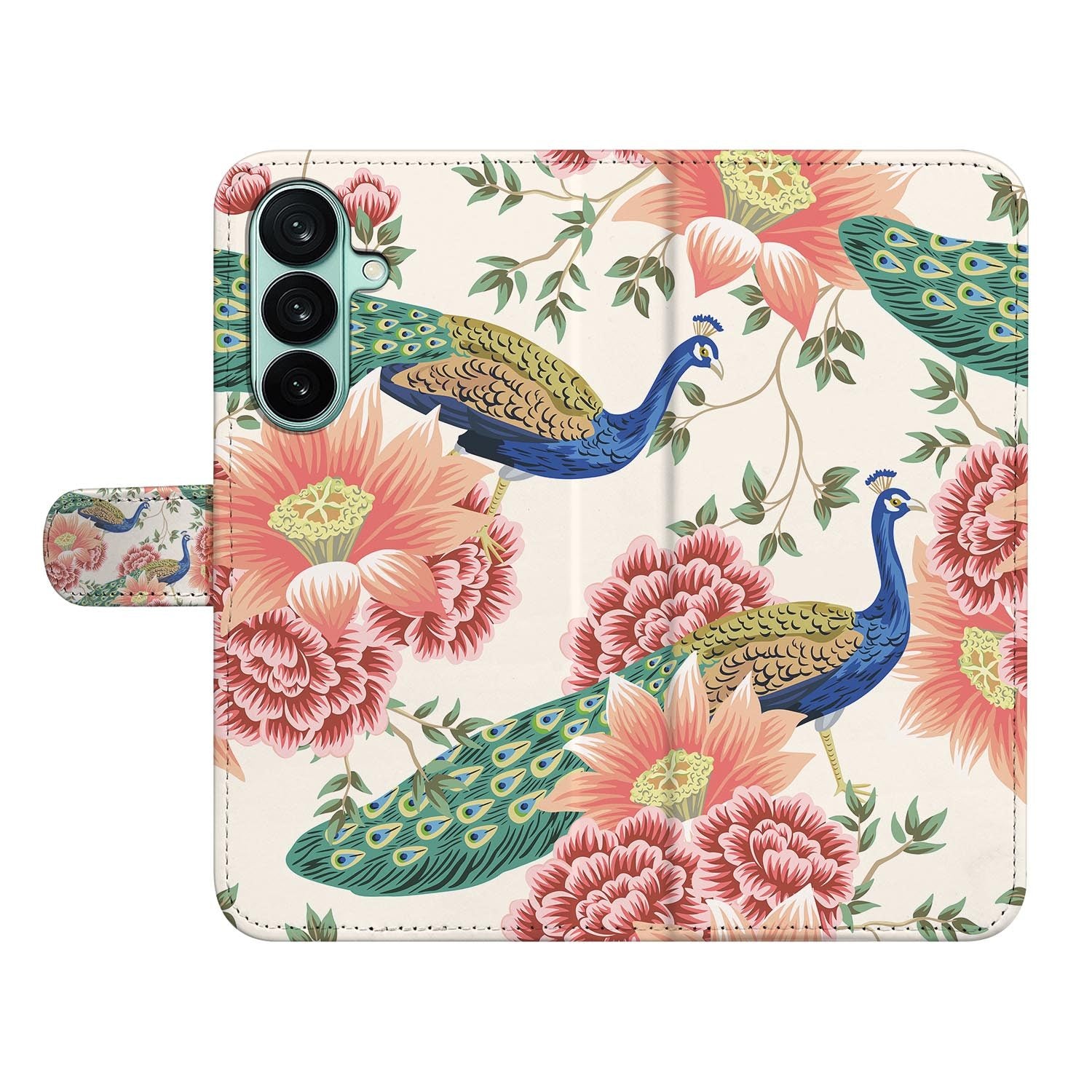 Samsung Galaxy A27 bookcase Pink Peacock, open met pasjesvakken