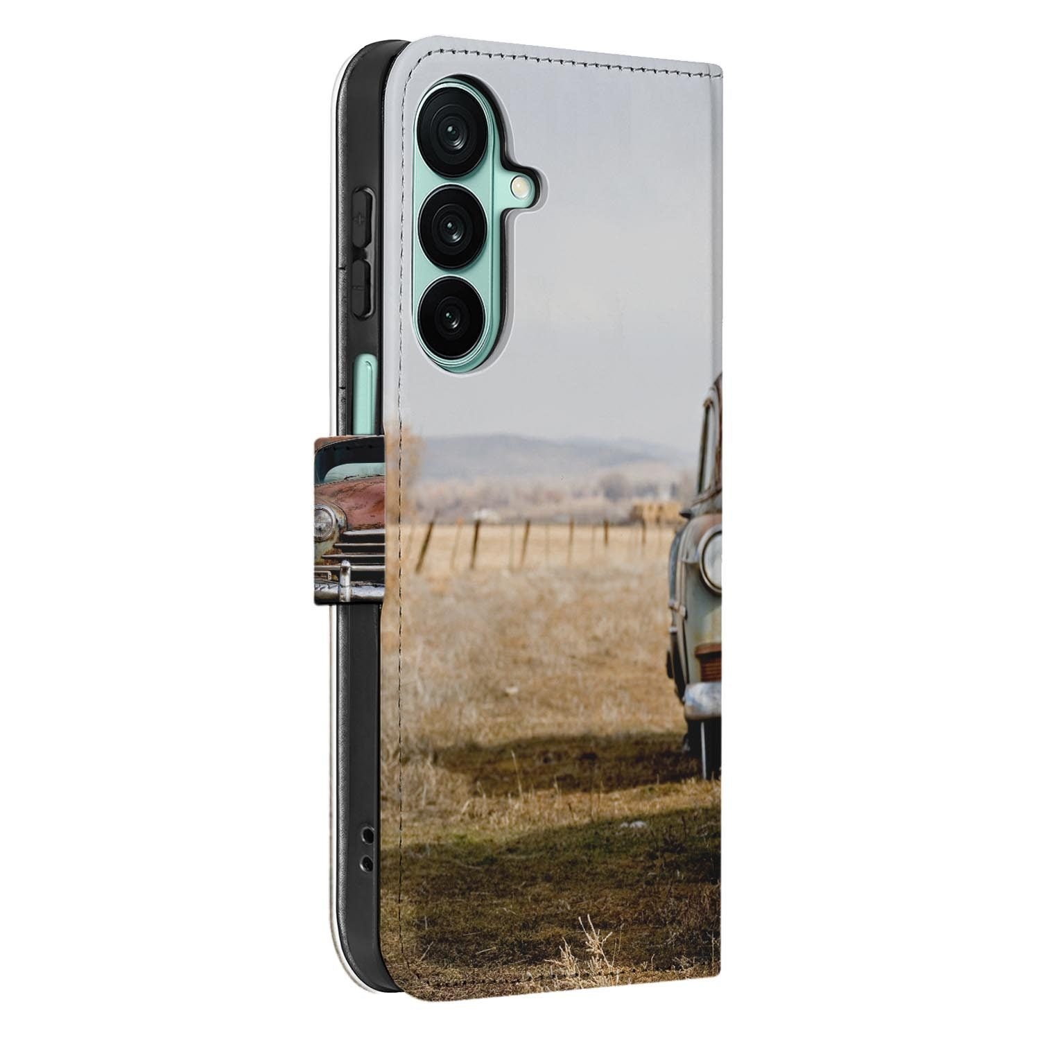 Samsung Galaxy A27 bookcase Vintage Auto, detail van het stiksel