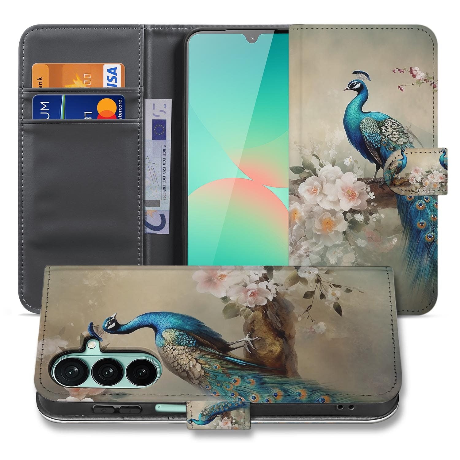 Samsung Galaxy A27 bookcase Vintage Pauwen, voorkant met gesloten klep