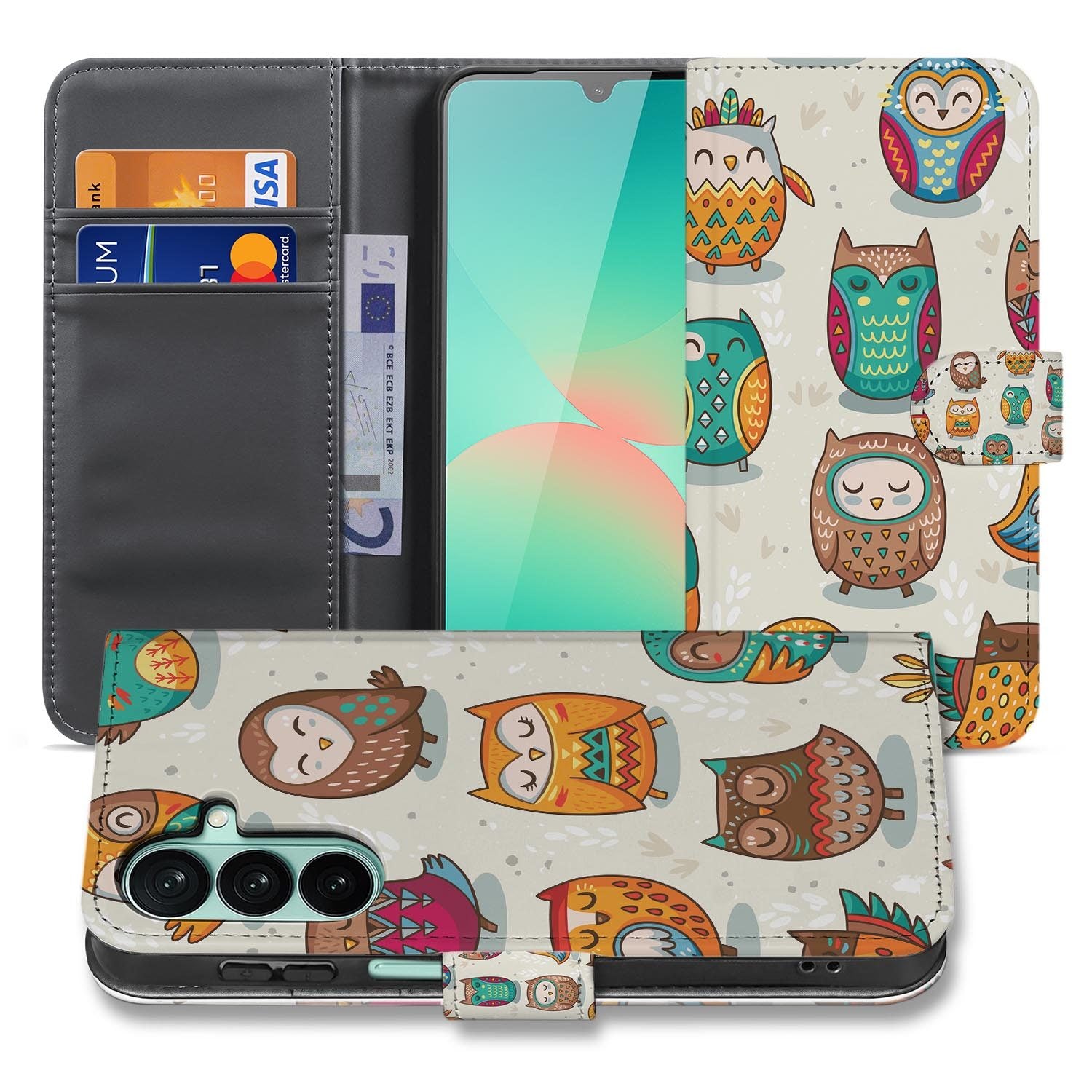 Samsung Galaxy A27 bookcase Vrolijke Uilen, voorkant met gesloten klep