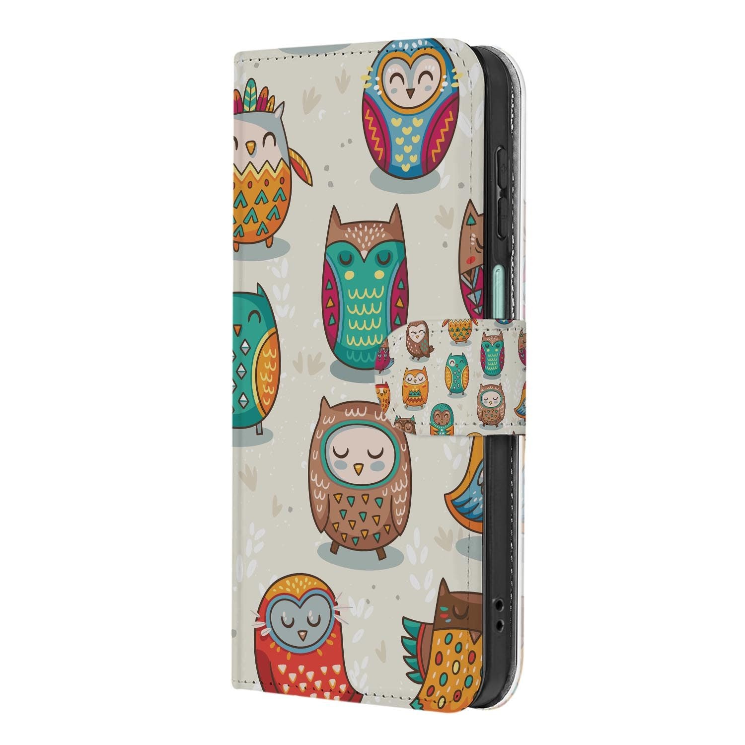 Samsung Galaxy A27 bookcase Vrolijke Uilen, achterkant met camera-uitsparing