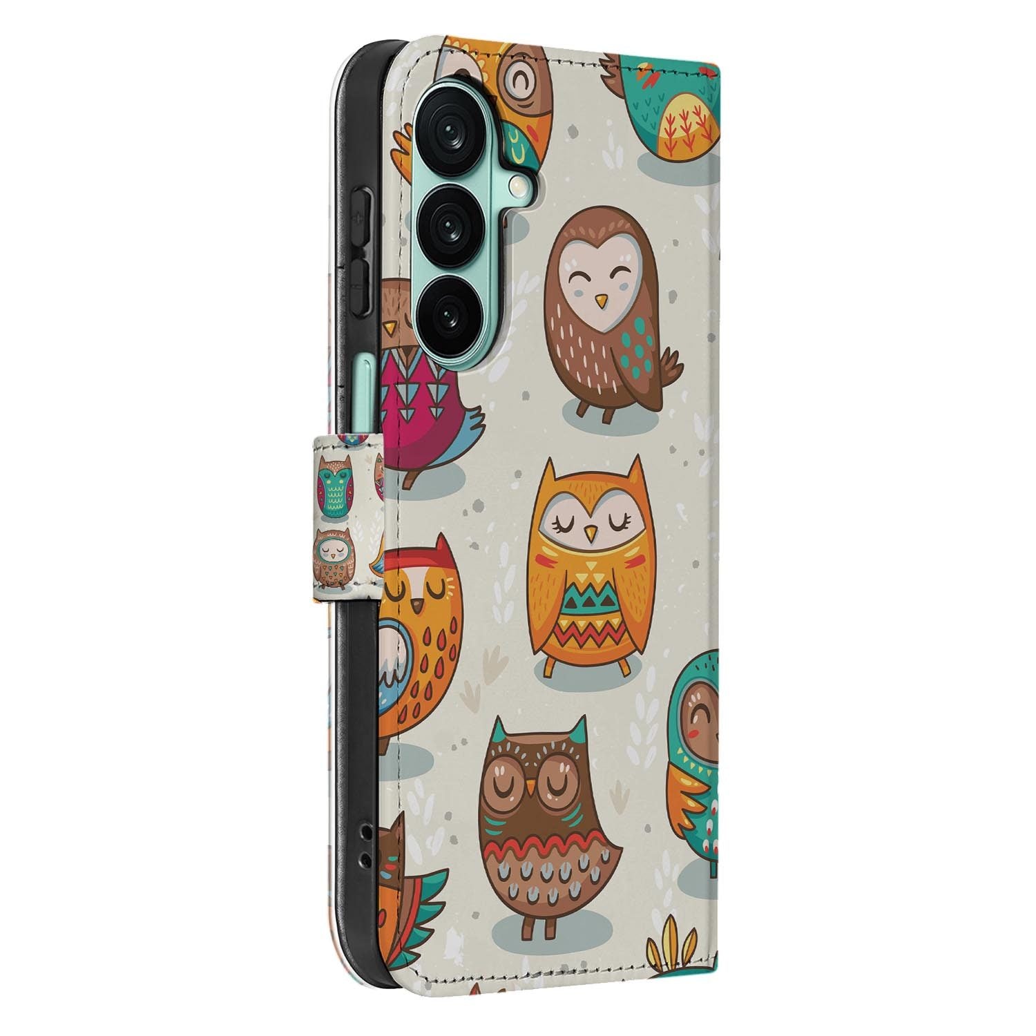Samsung Galaxy A27 bookcase Vrolijke Uilen, detail van het stiksel