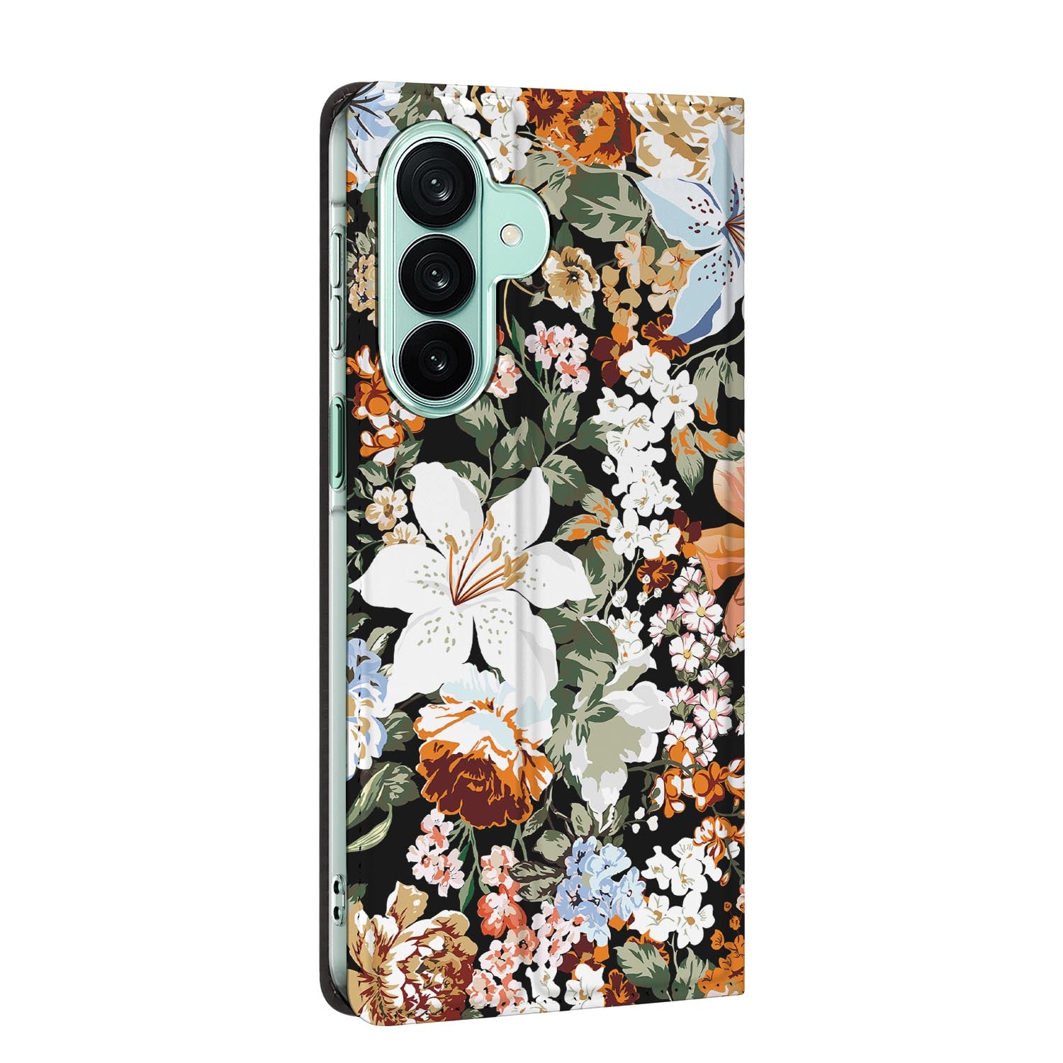 Samsung Galaxy A27 standcase Dark Flowers, bescherming voor- en achterkant