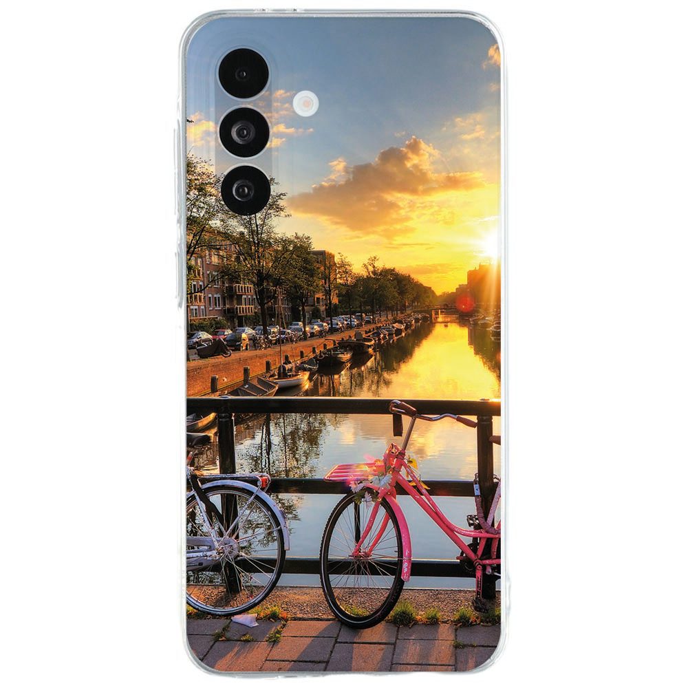 Samsung Galaxy A27 siliconen hoesje met kleurrijke print van Amsterdamse grachtenpanden