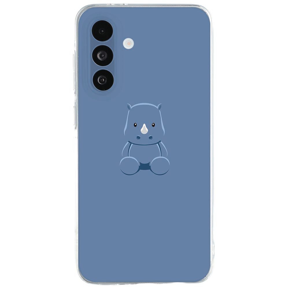 Blauwe softcase voor de Samsung Galaxy A27 met getekende Baby Rhino illustratie