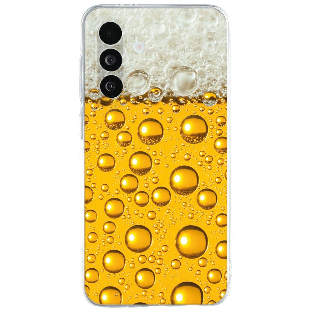 Samsung Galaxy A27 back cover met print van bierglazen en schuimkragen op gele achtergrond