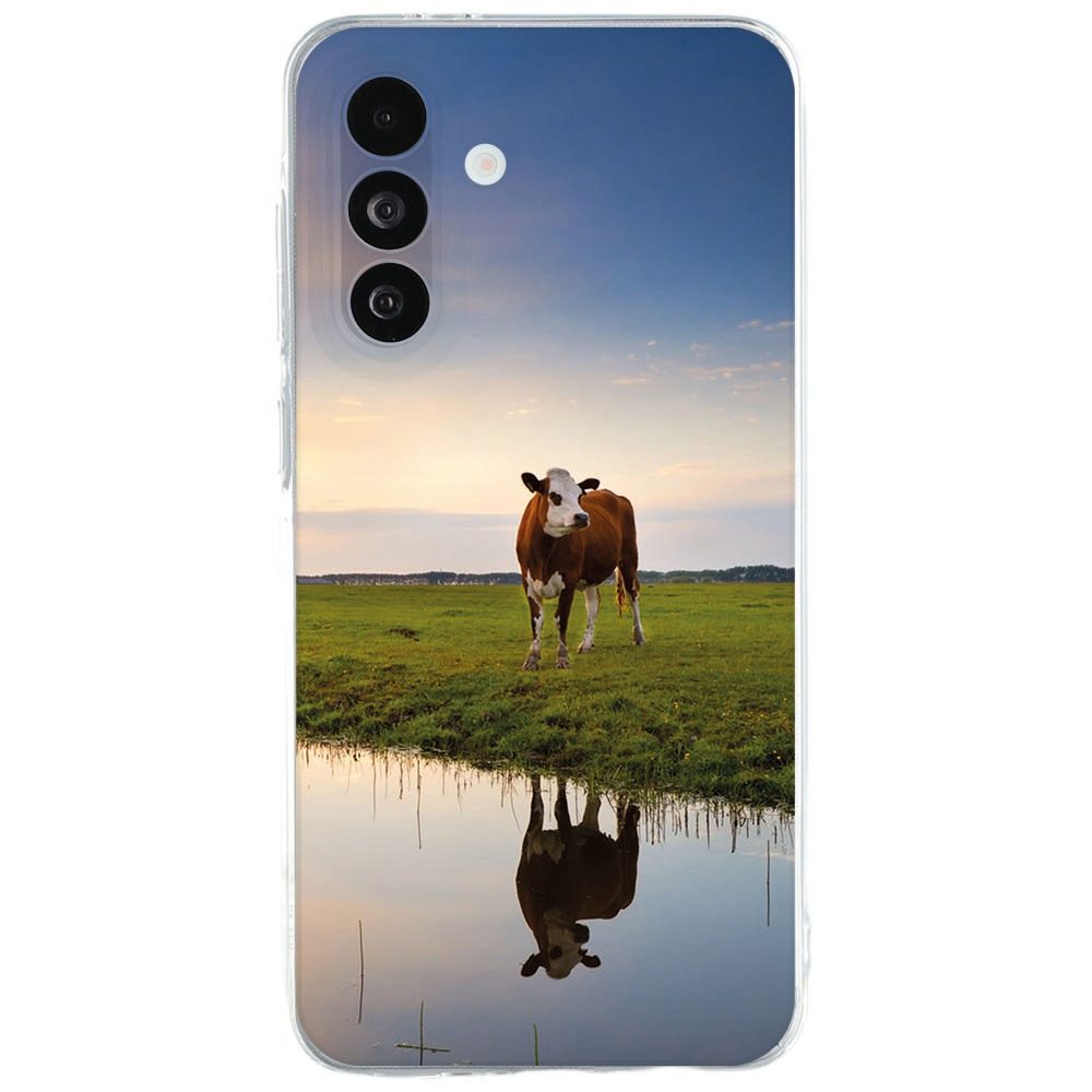 Samsung Galaxy A27 softcase met koeienprint op oranje achtergrond