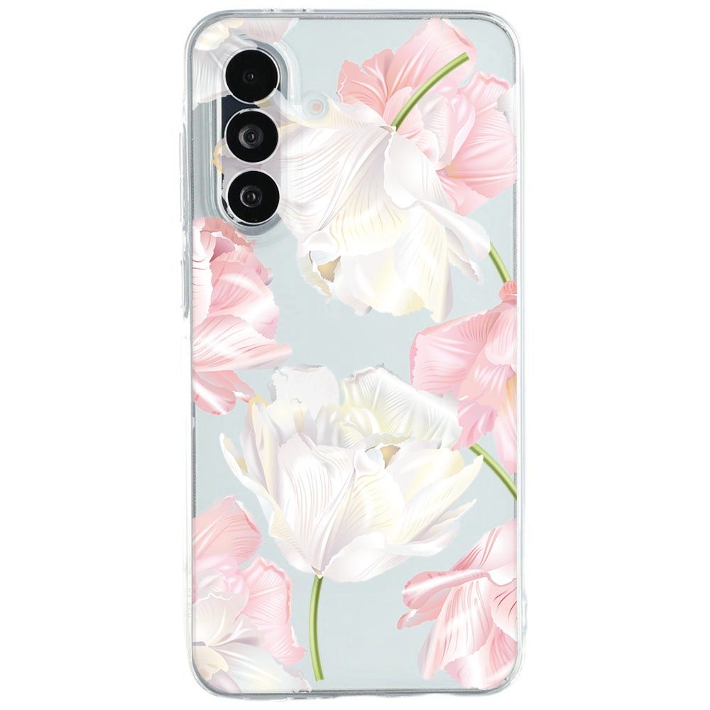 Samsung Galaxy A27 siliconen hoesje Lovely Flowers met roze bloemen op lichte achtergrond