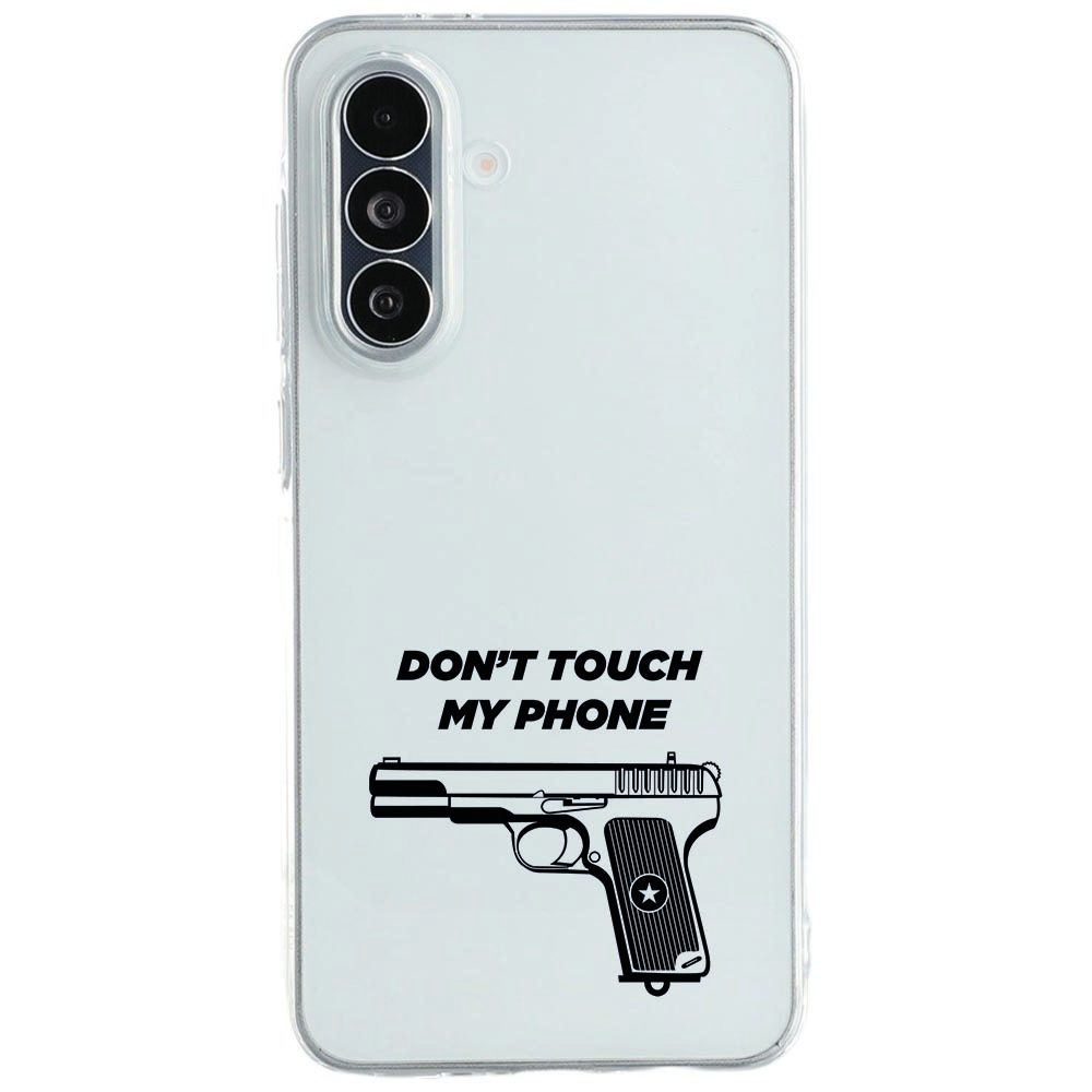 Samsung Galaxy A27 softcase Pistol DTMP met Don't Touch My Phone-print op donkere achtergrond