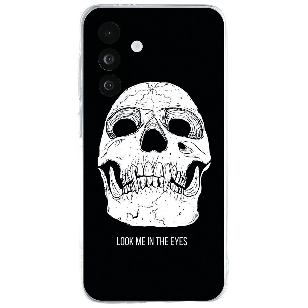 Samsung Galaxy A27 softcase Skull Eyes met witte schedelprint op zwarte achtergrond