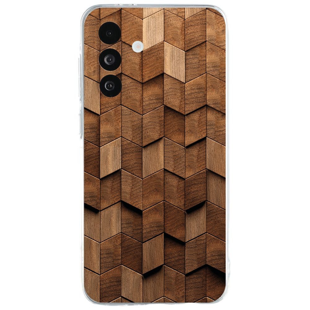 Samsung Galaxy A27 bedrukt hoesje Wooden Cubes met bruin houten blokjespatroon