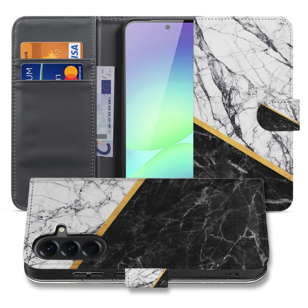 Samsung Galaxy A37 Book Case Marmer Wit Zwart Gouden Lijn