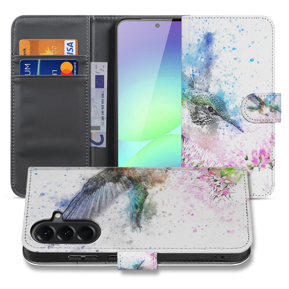 Samsung Galaxy A37 Portemonnee Hoesje Vogel Print met Pasjeshouder Vooraanzicht Binnenkant.