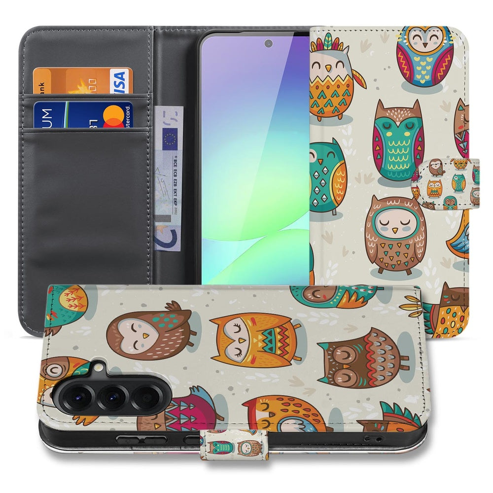 Samsung Galaxy A37 Book Case Vrolijke Uilen Pasjeshoesje Portemonnee Hoesje Vooraanzicht met uilenpatroon.