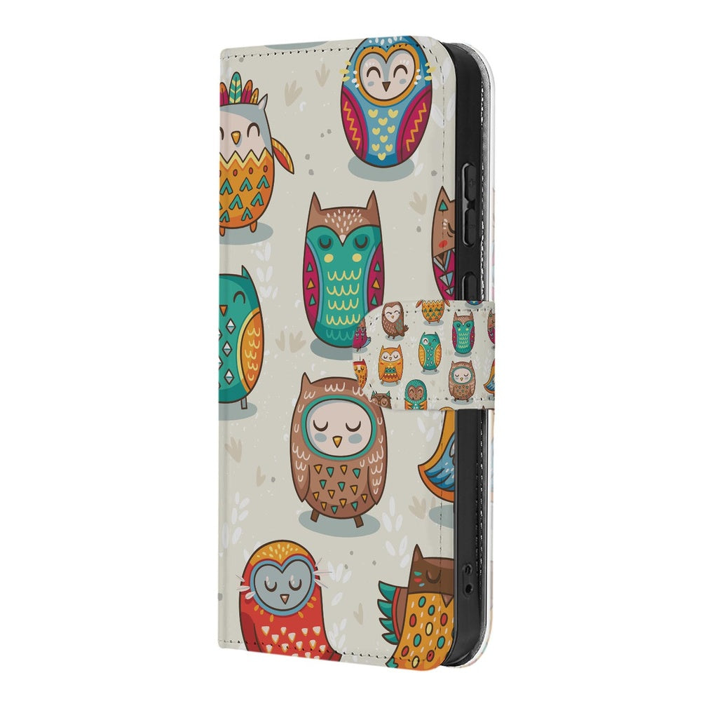 Samsung Galaxy A37 Book Case Vrolijke Uilen Pasjeshoesje Portemonnee Hoesje Vooraanzicht.