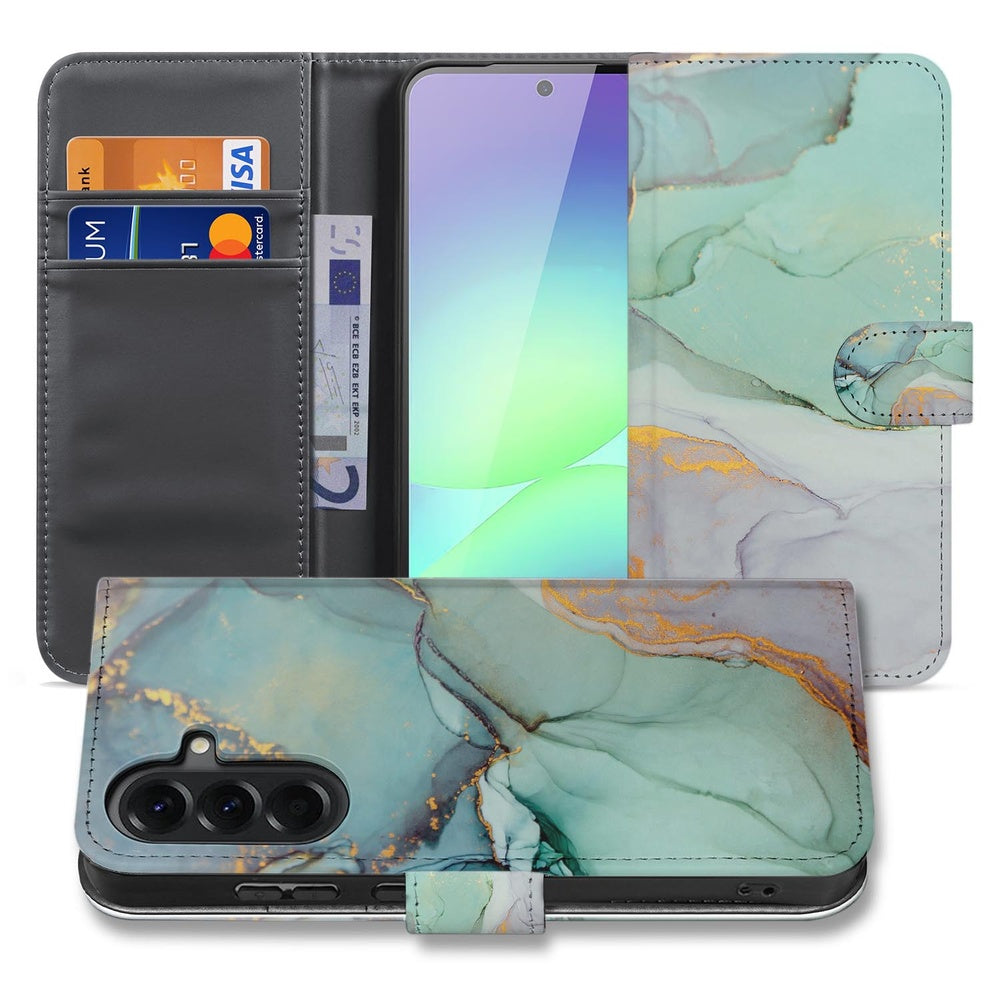 Samsung Galaxy A37 Bookcase Hoesje Watercolor Mix met Pasjeshouder Vooraanzicht met kaarten en aquarel-motief.