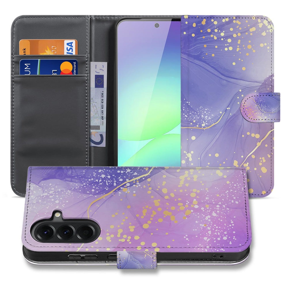 Samsung Galaxy A37 Hoesje Watercolor Paars Portemonnee Hoesje Vooraanzicht Binnenkant.