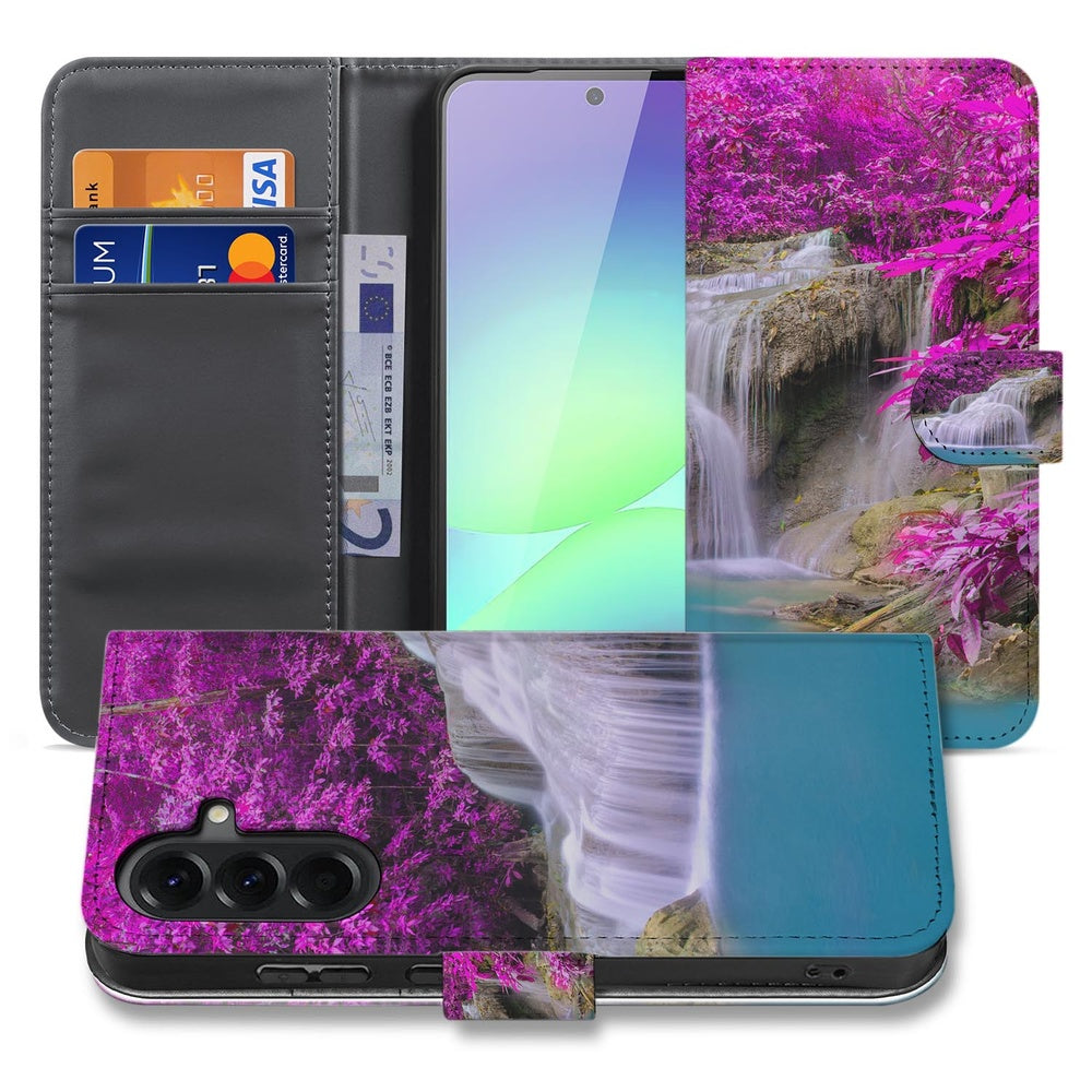 Samsung Galaxy A37 Portemonnee Hoesje Waterval Paars met Magnetische sluiting Voor- en achteraanzicht.