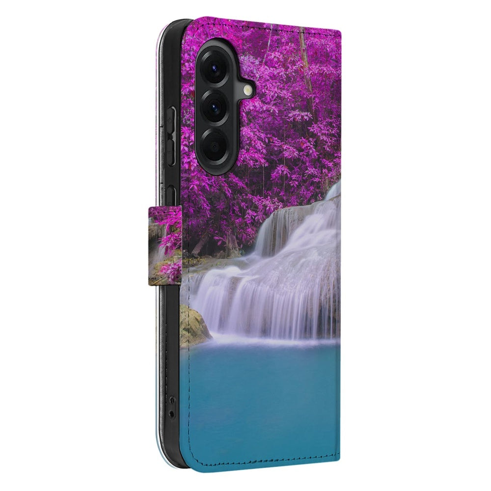 Samsung Galaxy A37 Portemonnee Hoesje Waterval Paars met Magnetische sluiting Schuin aanzicht.