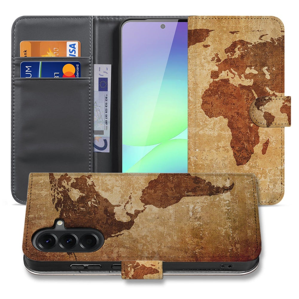 Samsung Galaxy A37 Book Case Wereldkaart met Pasjeshouder Vooraanzicht Detail.
