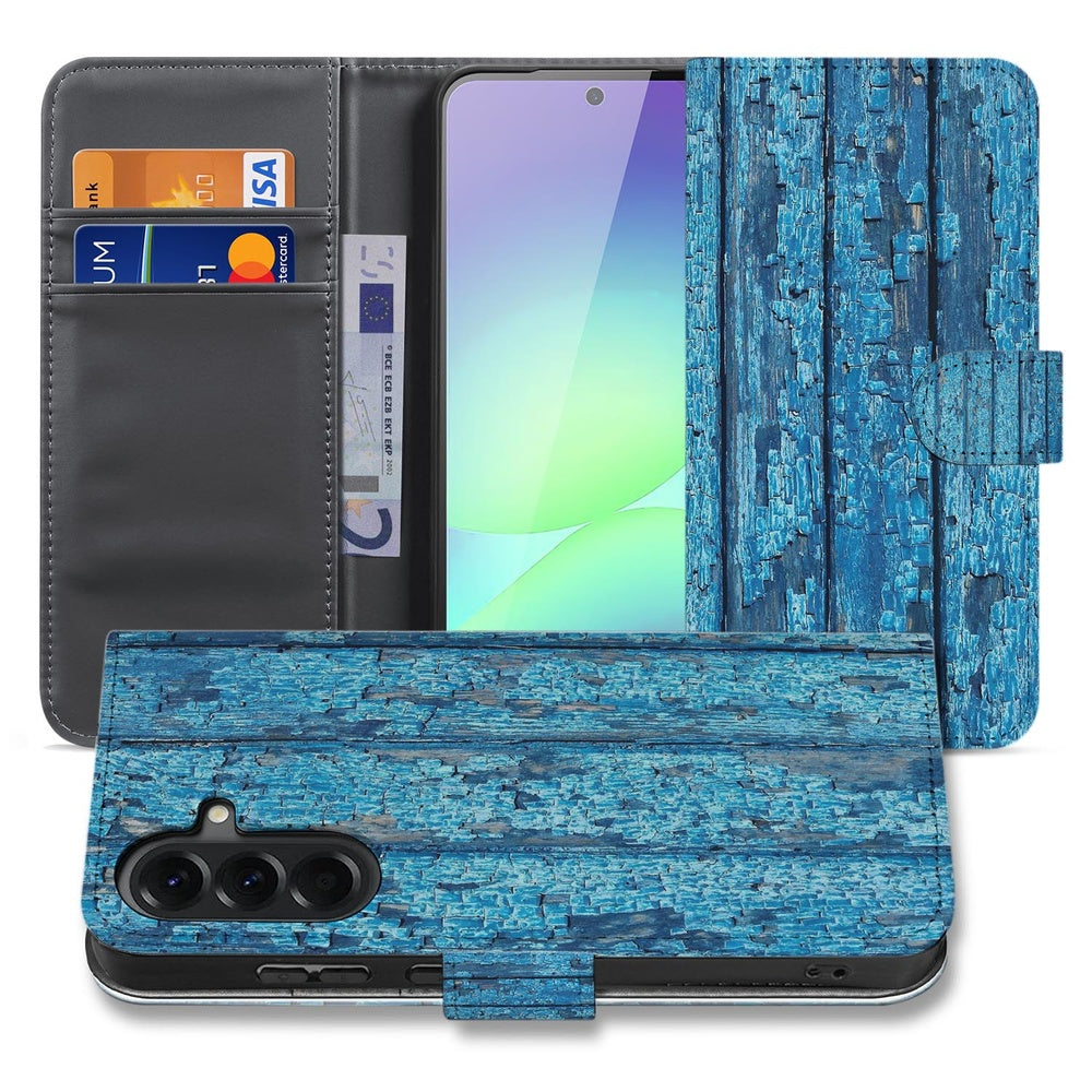 Samsung Galaxy A37 Book Case Hoesje Afgebladderd Blauw Hout Portemonnee Hoesje Vooraanzicht Detail.