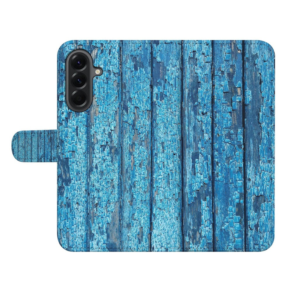 Samsung Galaxy A37 Book Case Hoesje Afgebladderd Blauw Hout Portemonnee Hoesje Vooraanzicht.