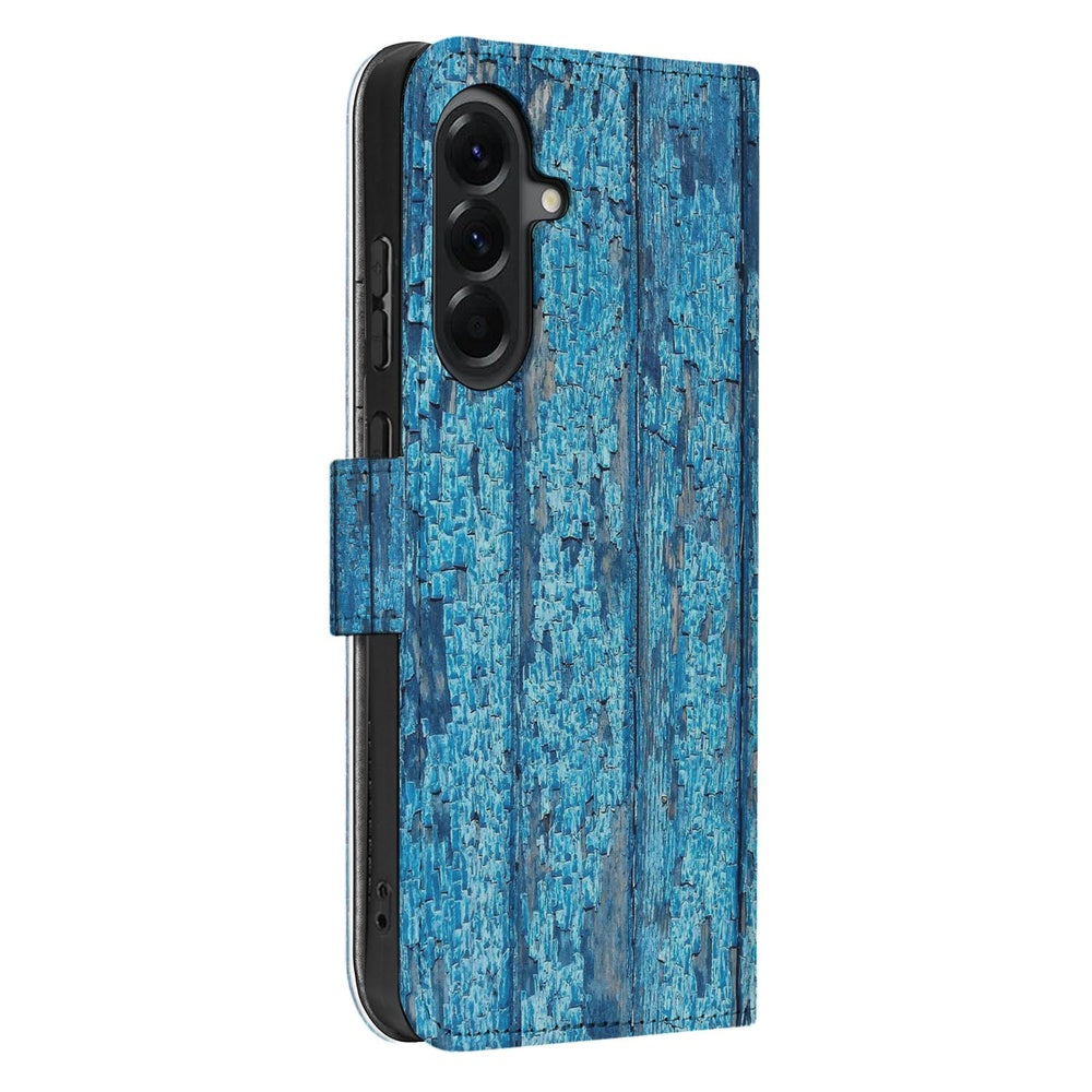 Samsung Galaxy A37 Book Case Hoesje Afgebladderd Blauw Hout Portemonnee Hoesje Schuin aanzicht.