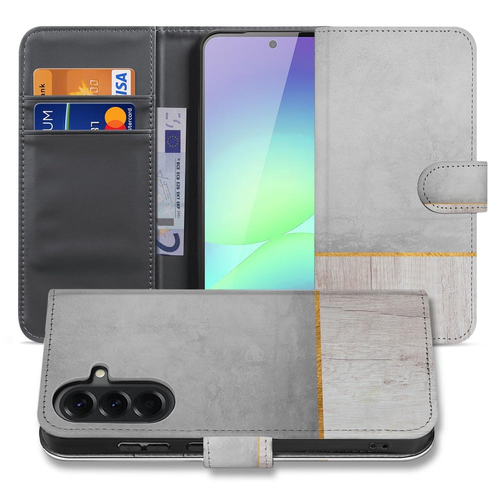Samsung Galaxy A37 Book Case Wood Concrete met Magnetische sluiting Vooraanzicht Binnenkant Achteraanzicht.