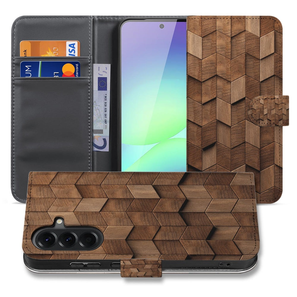Samsung Galaxy A37 Bookcase Hoesje Bruin Houtprint met Pasjeshouder Vooraanzicht.