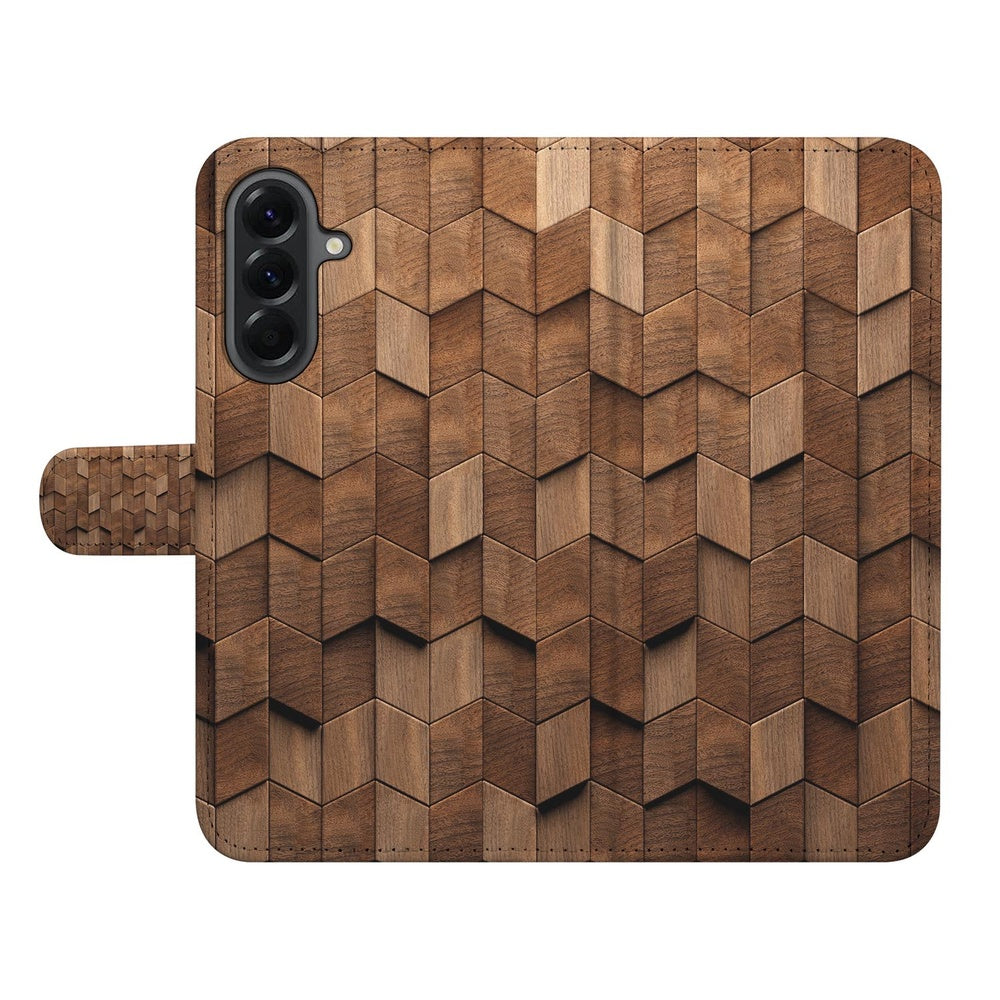 Samsung Galaxy A37 Bookcase Hoesje Bruin Houtprint Aanzicht.