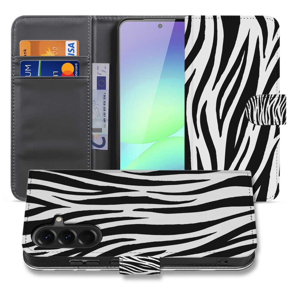 Samsung Galaxy A37 Bookcase Hoesje Zebra Design Vooraanzicht Achteraanzicht.