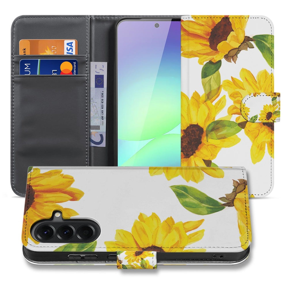 Samsung Galaxy A37 Hoesje Zonnebloemen Wallet Portemonnee Hoesje Voor- en achteraanzicht.