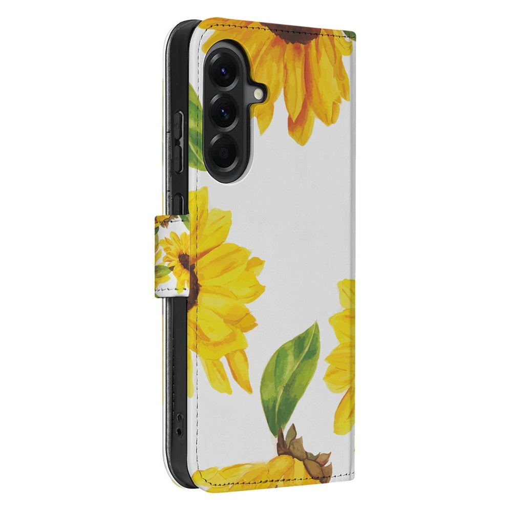Samsung Galaxy A37 Hoesje Zonnebloemen Wallet Portemonnee Hoesje Zijkant met zonnebloemen design.