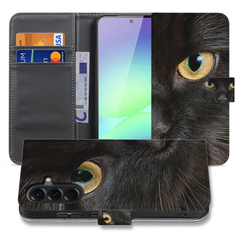 Samsung Galaxy A37 Portemonnee Hoesje Zwarte Kat met Magnetische sluiting Vooraanzicht Binnenkant.