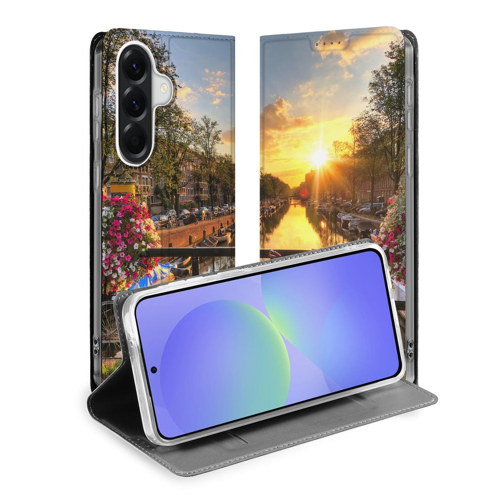 Samsung Galaxy A37 Book Cover Amsterdamse Grachten standcase buitenkant zonsondergang Amsterdamse grachten vooraanzicht.