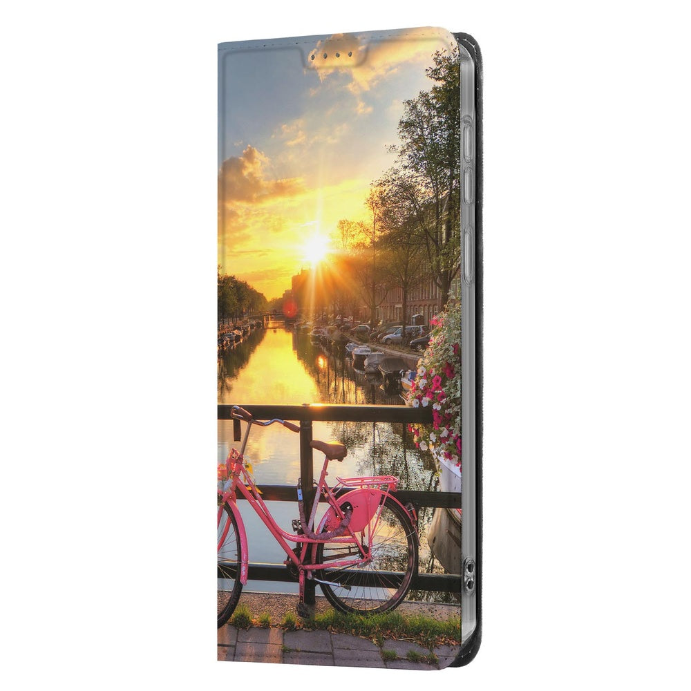Samsung Galaxy A37 Book Cover Amsterdamse Grachten detailstand met fiets en zonsondergang aan de gracht.
