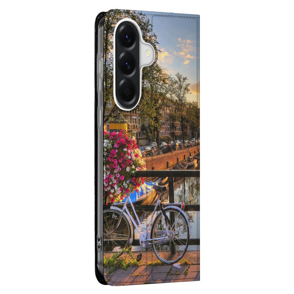 Samsung Galaxy A37 Book Cover Amsterdamse Grachten fiets bloemen Amsterdamse grachten aanzicht.